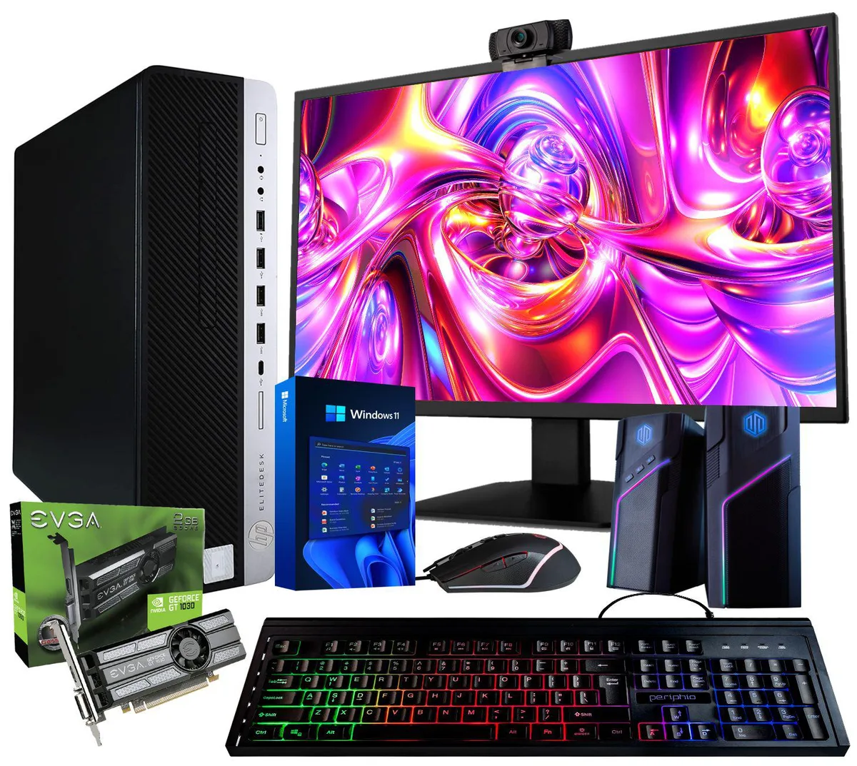 HP HP EliteDesk 800G4 desktop PC, Core i7-8700, GT 1030 2GB, 16GB DDR4, 500GB SSD, 22" monitor, Windows 11 Pro — product photo