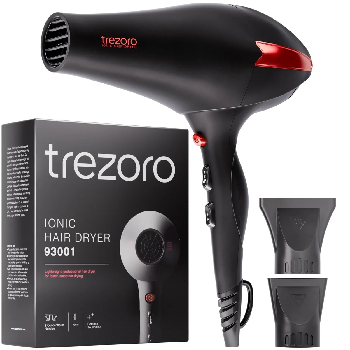 Black hair dryer with two concentrator nozzles, cylindrical body and matte finish