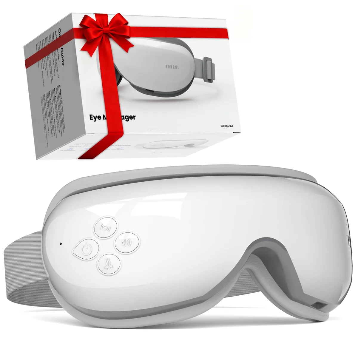 White wrap-around eye massager with padded cushions, compact oval shape, smooth matte finish