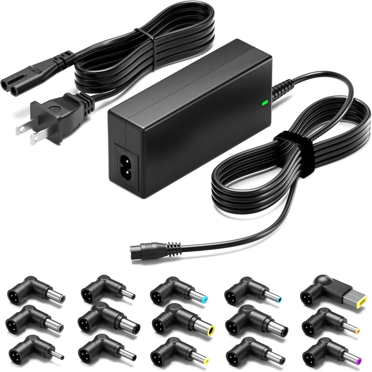 Compact black rectangular power brick with detachable cable and multiple interchangeable tips