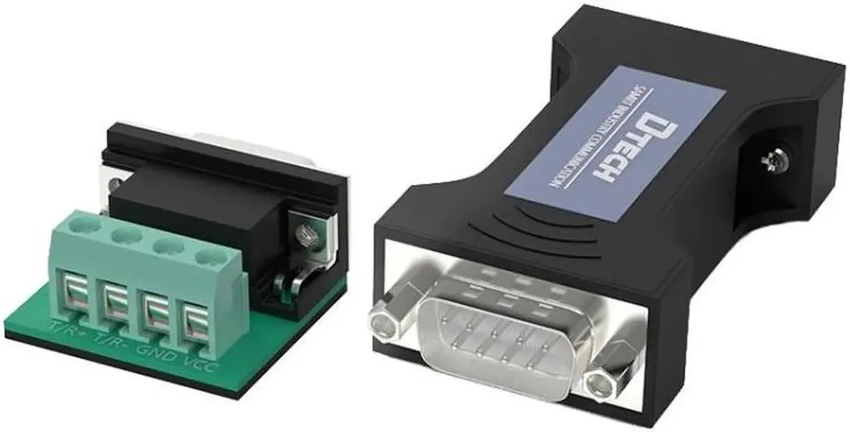 Small rectangular ABS module with DB9 and terminal block connectors, light grey finish
