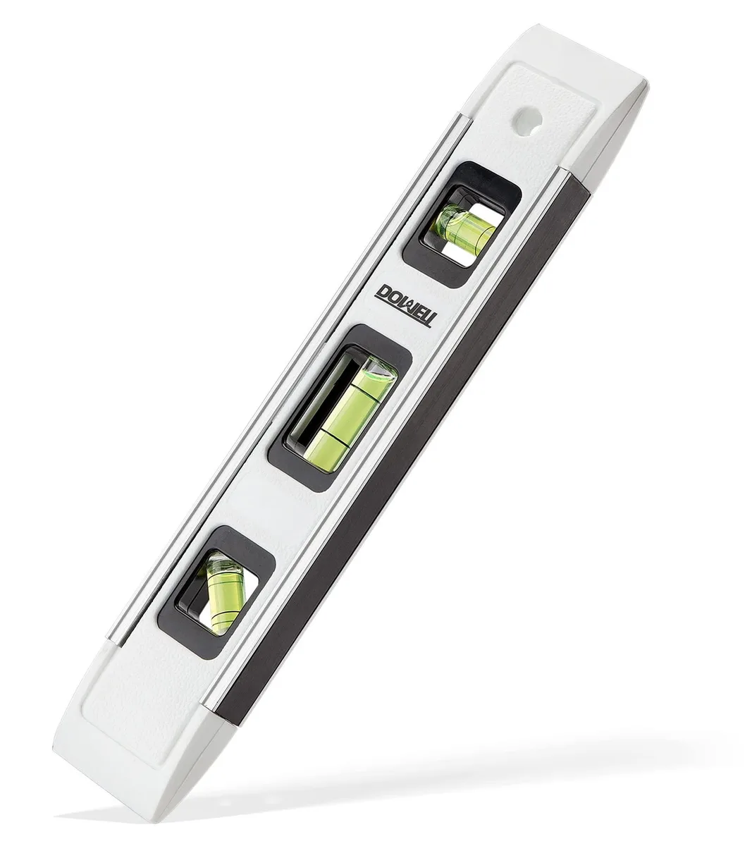 White 9-inch magnetic torpedo level with orange body and green vials