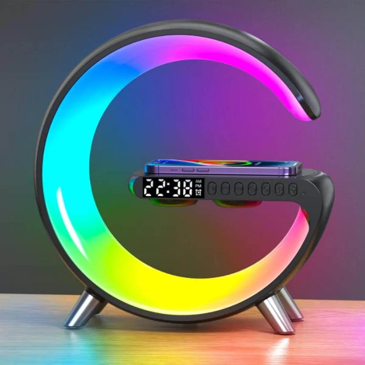 Black table lamp with chrome finish, bulb-shaped shade, touch and app controls, 15W wireless charger top