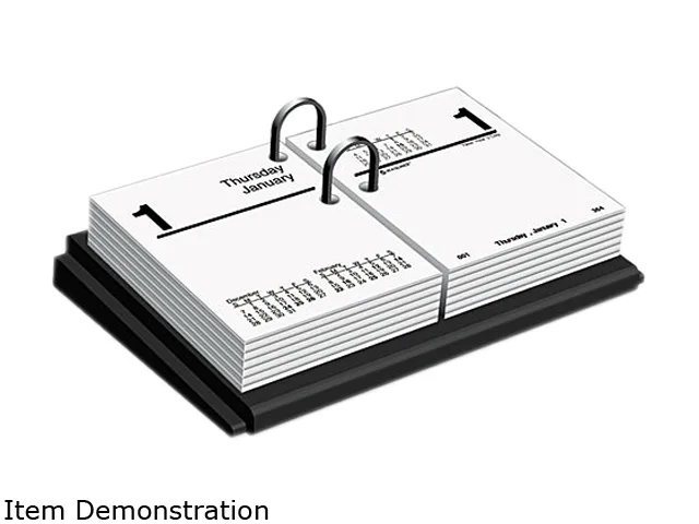 Black desk calendar base with two rings for loose-leaf refills, molded plastic construction
