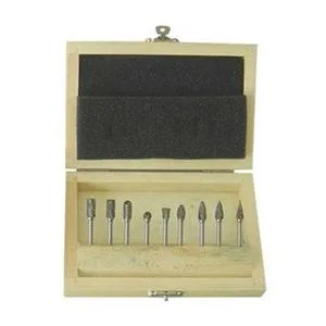 Nine-piece carbide bur set in a fitted case, 1/8 inch shanks, bright uncoated finish
