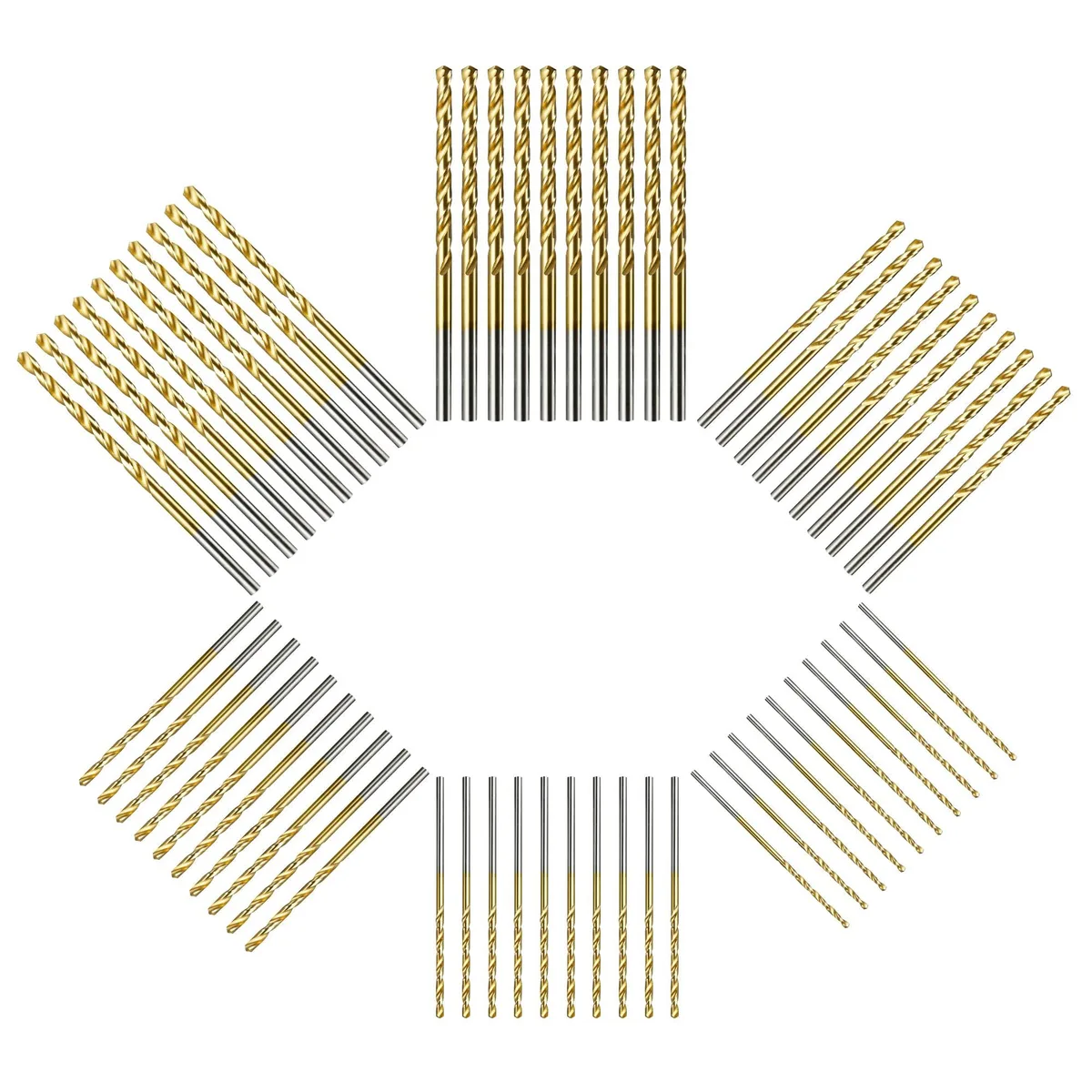 Clear plastic case holding sixty gold titanium-coated micro twist drill bits in six inch sizes
