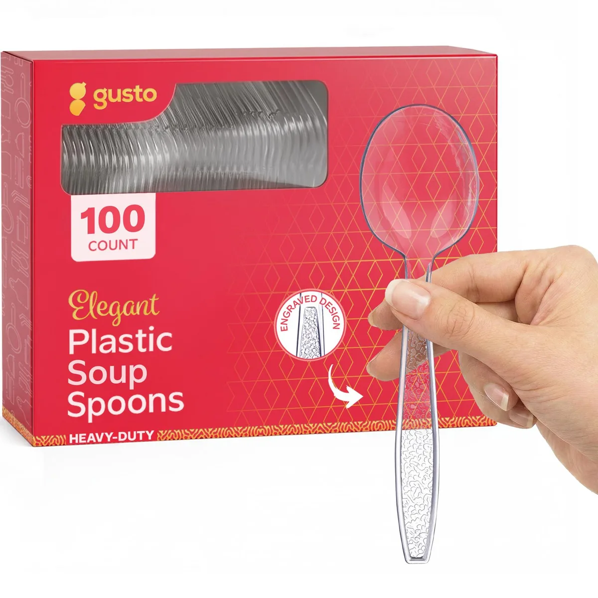 No Sew No Sew 100 Pack Heavyweight Clear Plastic Soup Spoons Engraved Design — product photo