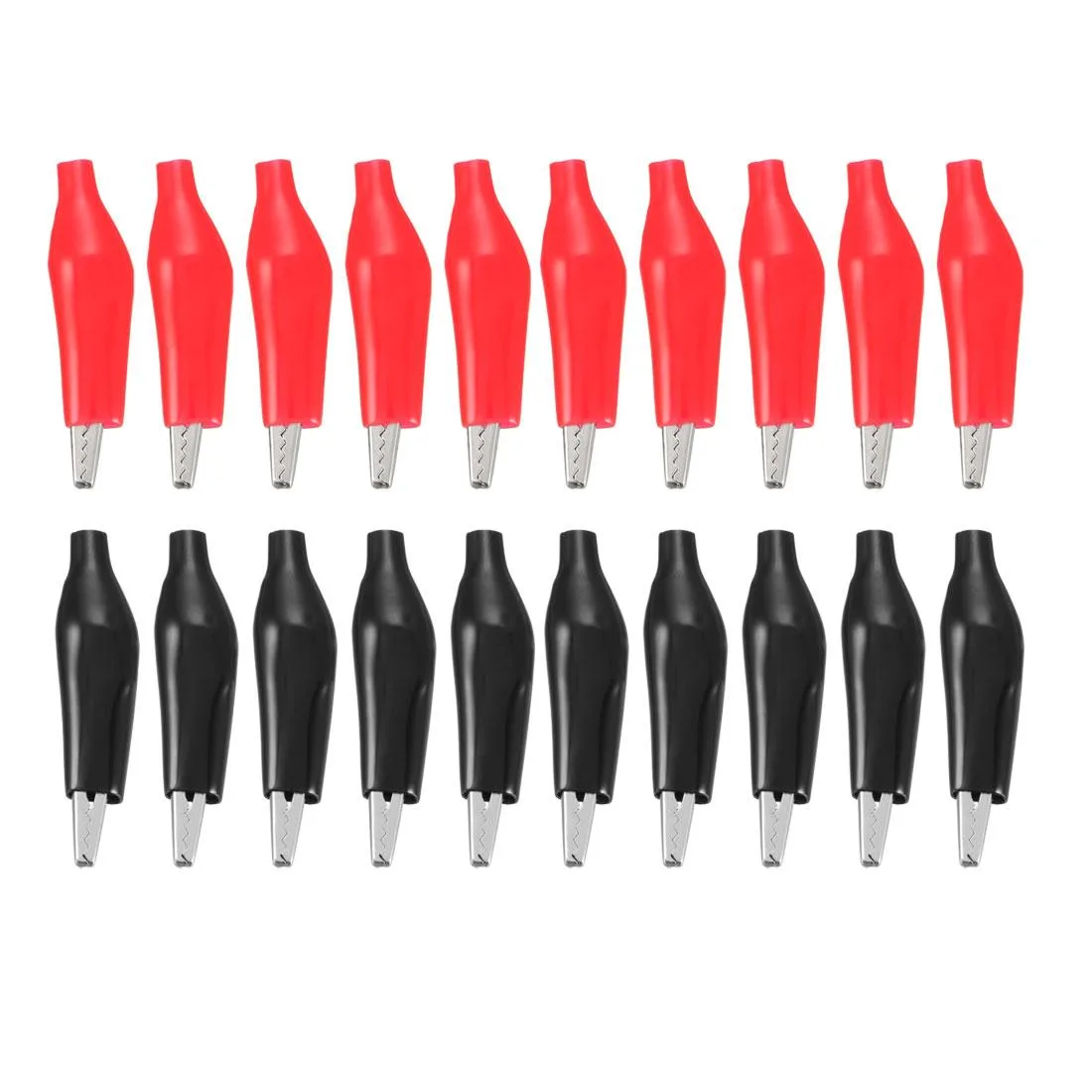 Twenty red and black alligator clips with PVC insulation sleeves, 7 mm max jaw opening