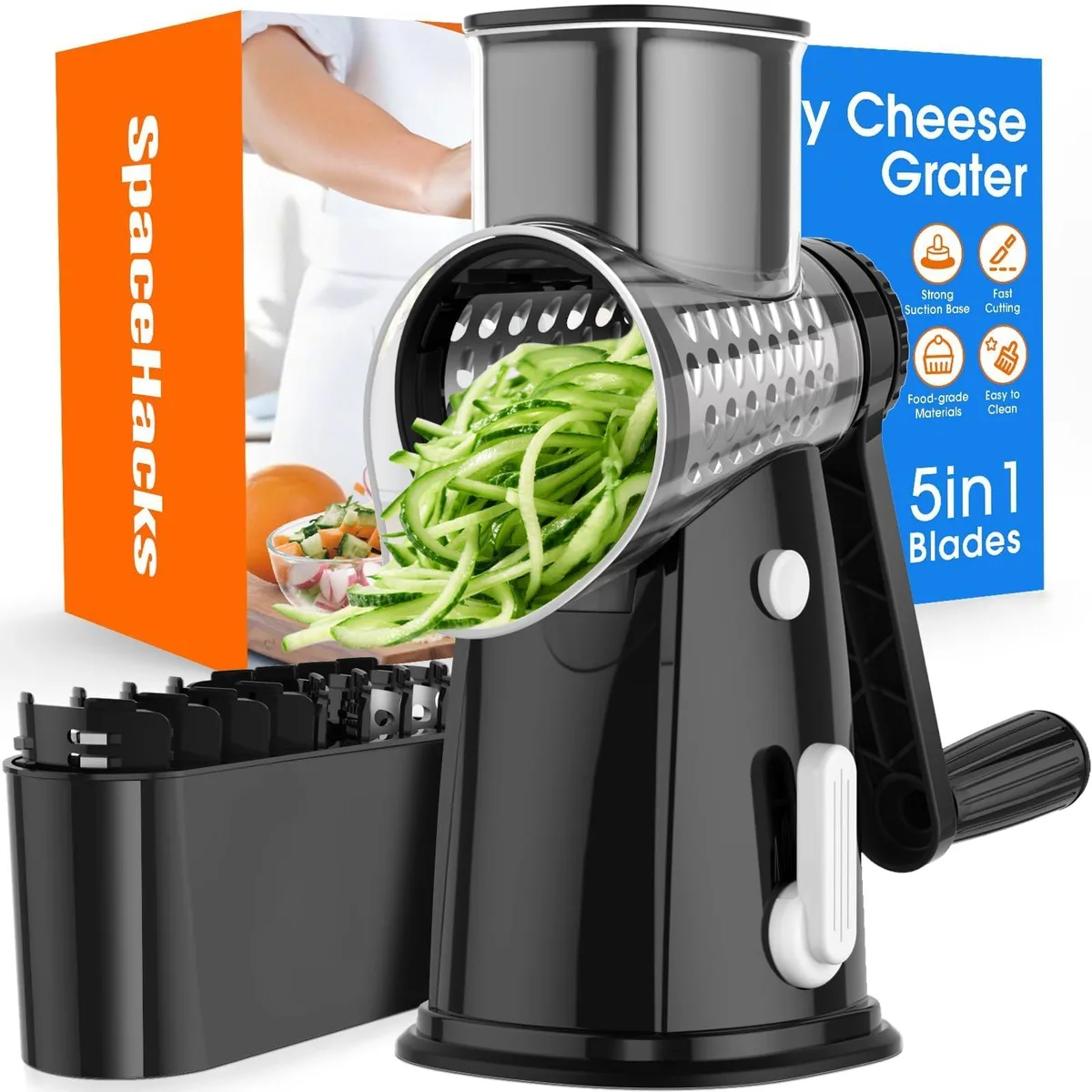 Black rotary grater with hand crank, suction base, and five interchangeable stainless steel blades in storage box