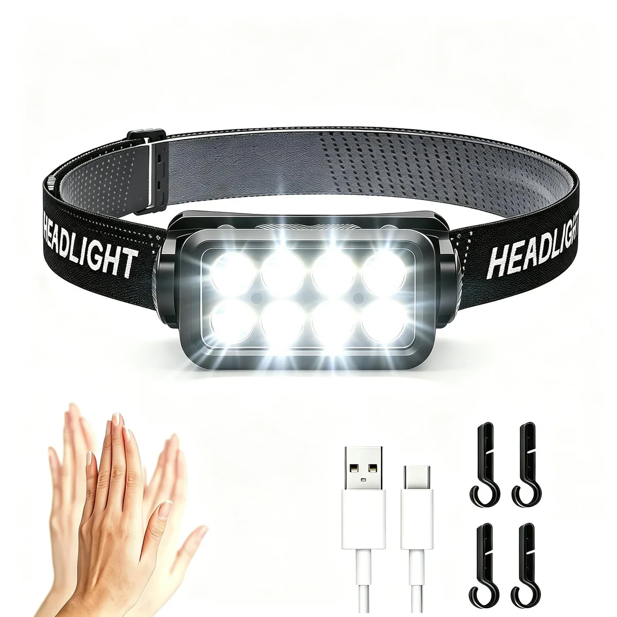 Compact black headlamp unit on adjustable elastic headband, USB-C port visible, lightweight rectangular lamp head tilted upward