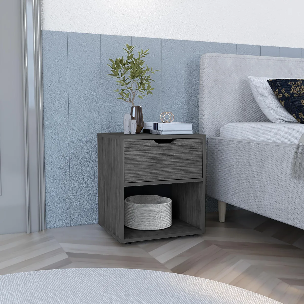 Light gray nightstand with one drawer and open shelf, four legs