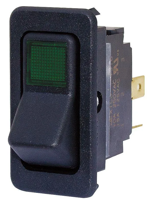 Black rectangular rocker switch with integrated neon indicator light, quick-connect tabs, IP54 rated