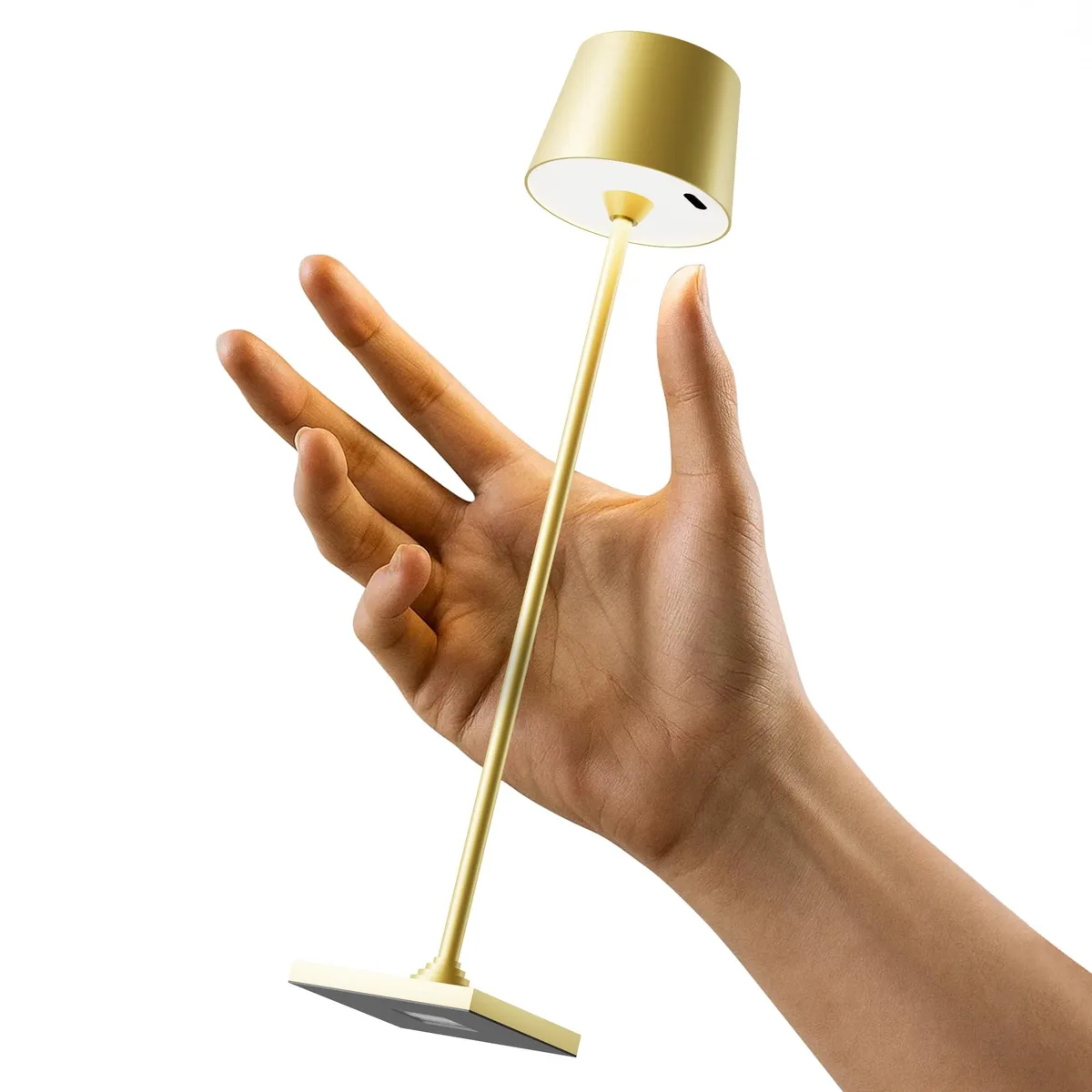 Gold metallic cylindrical mini table lamp, USB-C rechargeable, dual RGB and warm light, touch control, timer
