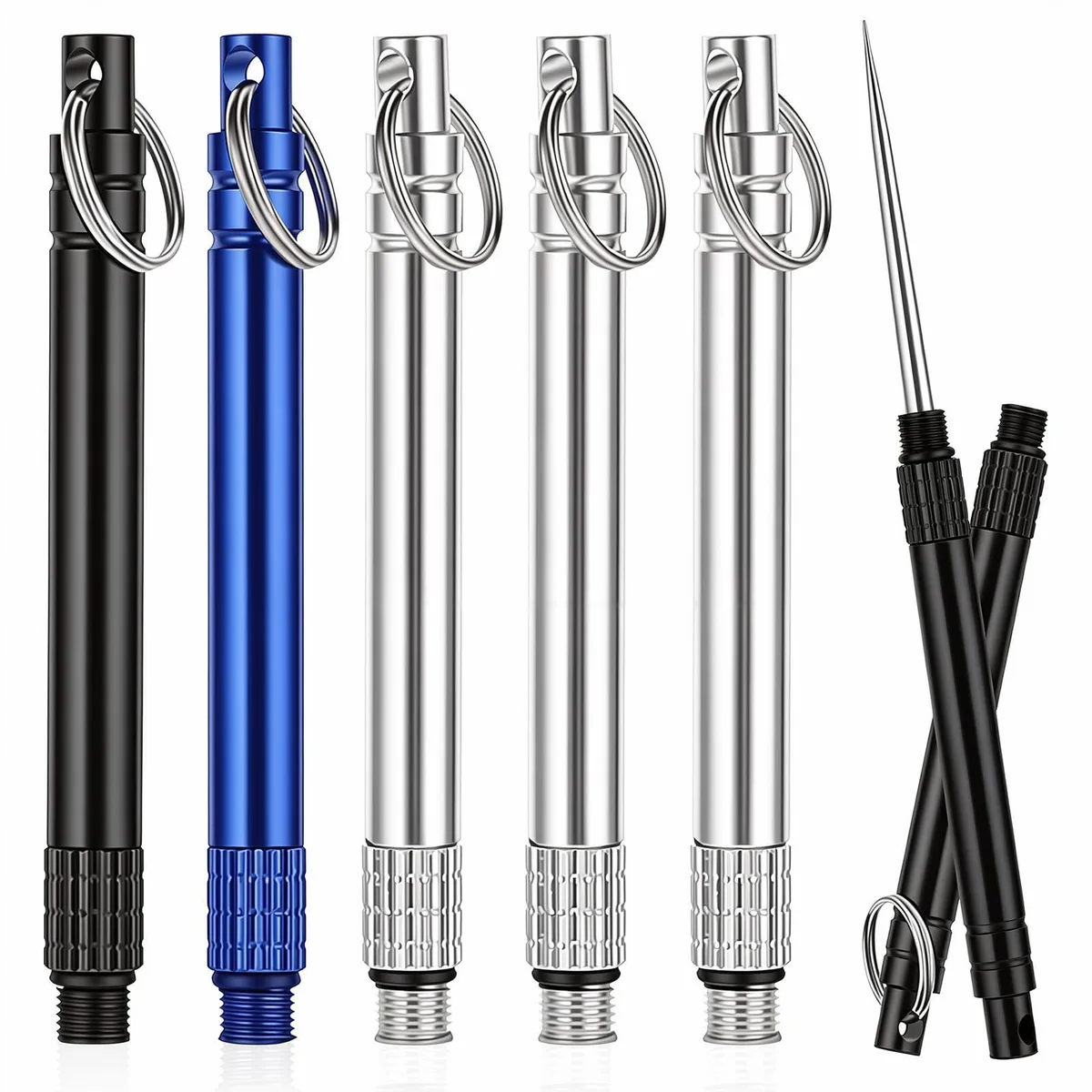 Six stainless-steel toothpicks in silver black and blue with a matching holder