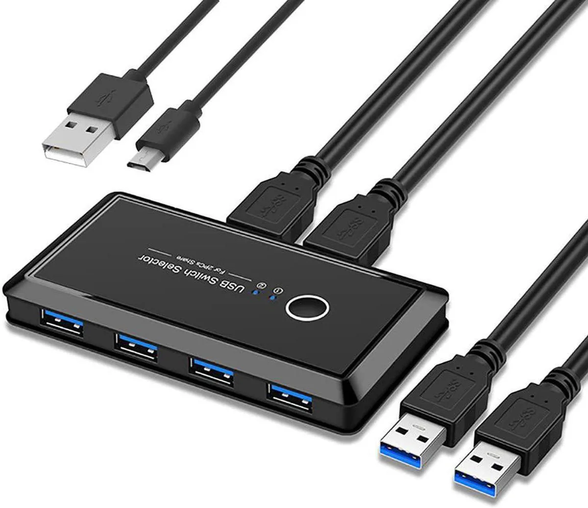 Compact rectangular KVM switch with four USB ports and front button
