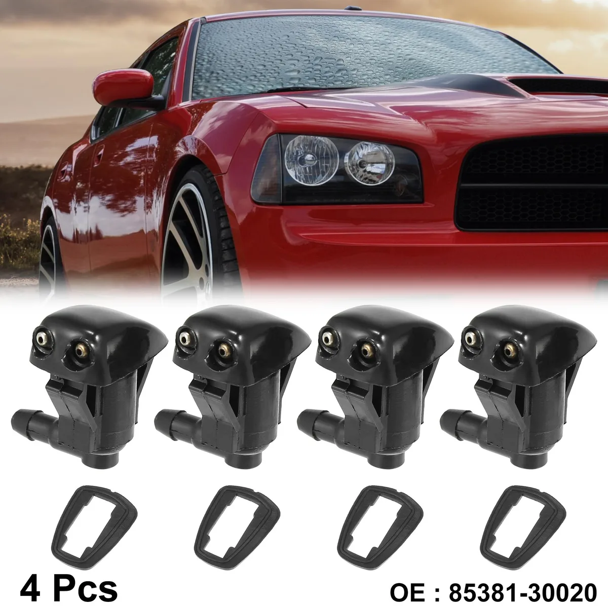Four black plastic windshield washer nozzles with rubber gaskets
