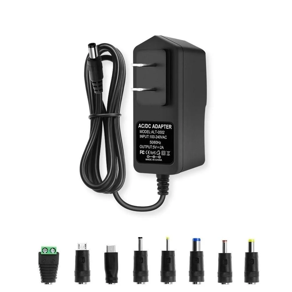 Black Dell 5V 2A AC adapter brick with 55in cable, 5.5mm x 2.5mm plug and eight interchangeable tips