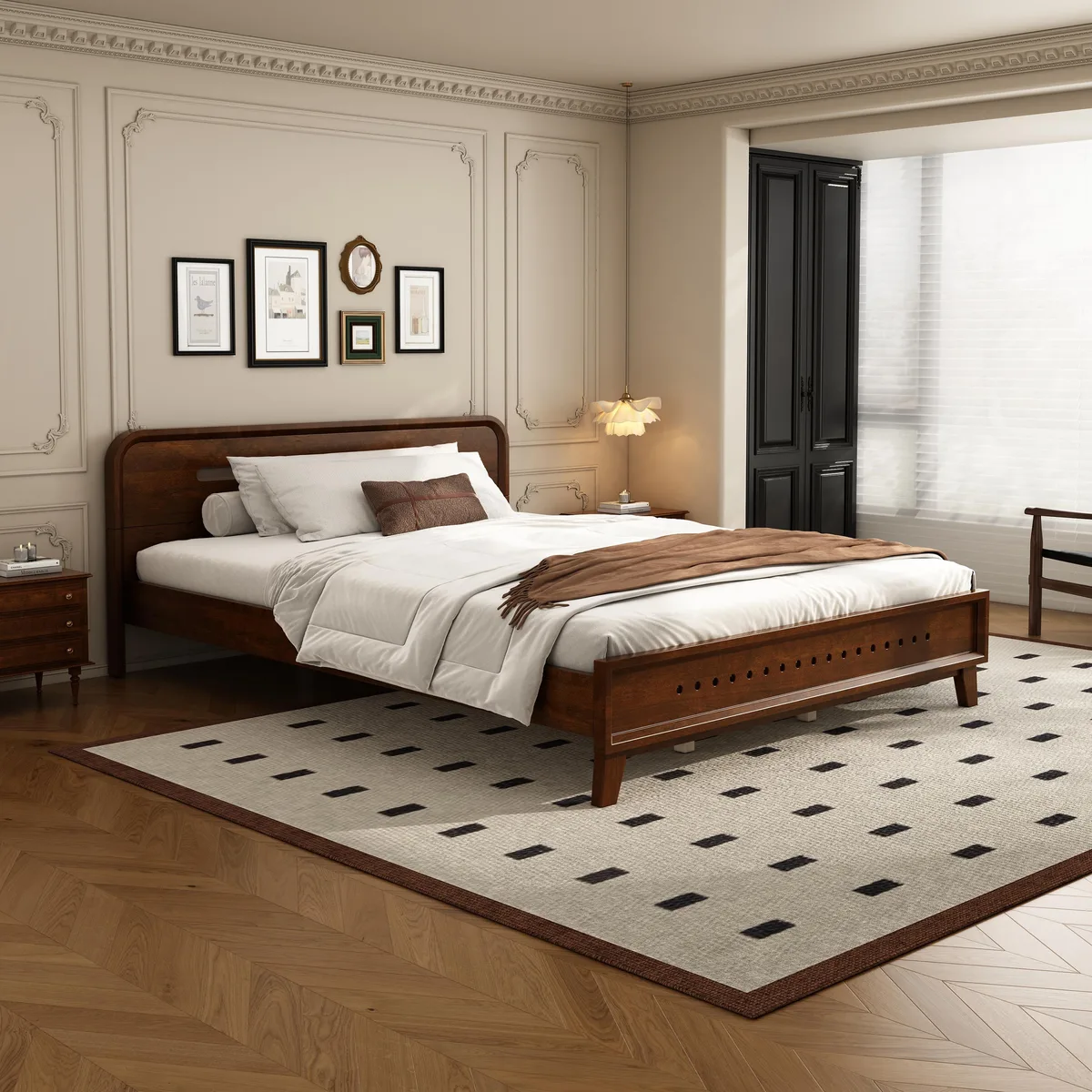 Queen bed frame dark walnut solid pine headboard footboard slats