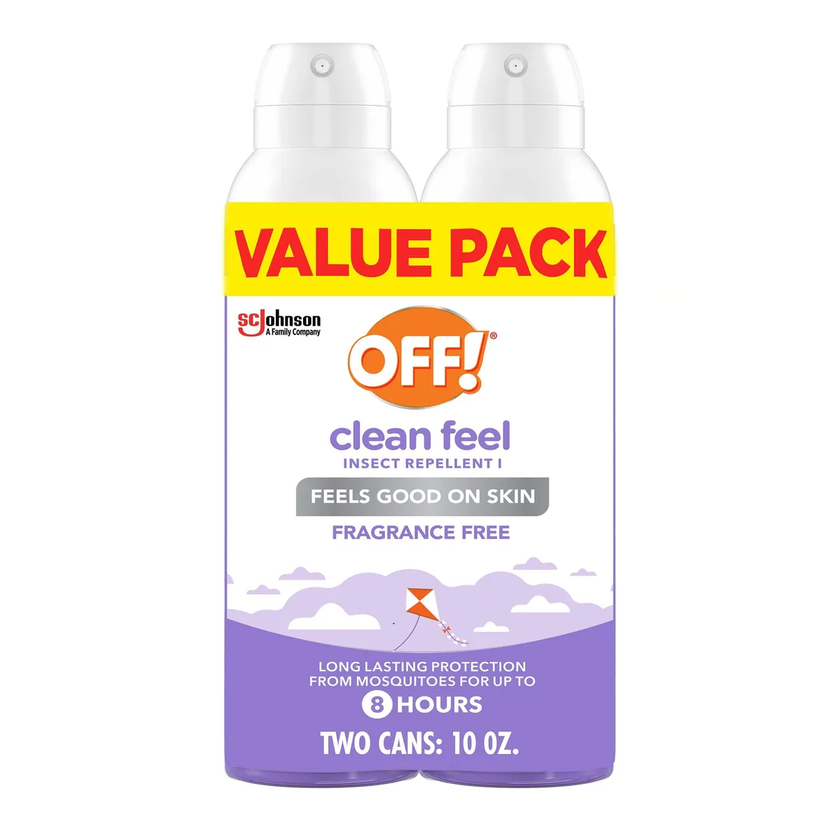 Two clear aerosol cans of unscented insect repellent