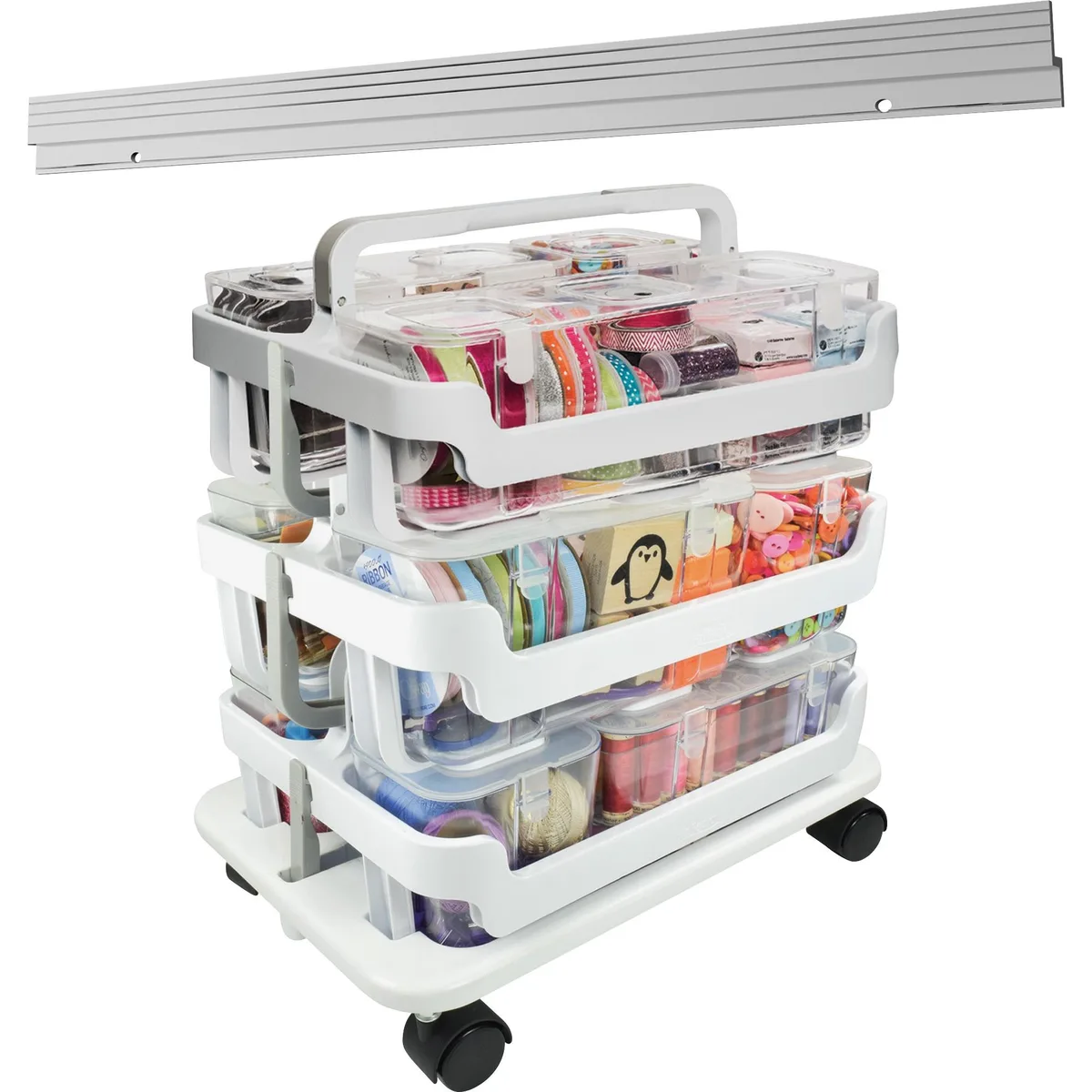 Clear stackable caddy system with canisters, wheel base and mounting bar