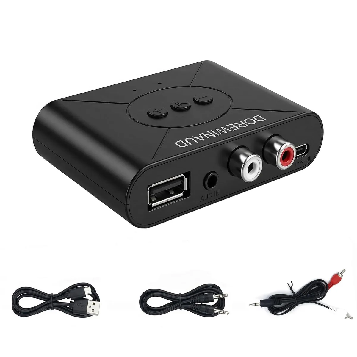 Small black Bluetooth 5.3 audio receiver with 3.5 mm jack, USB port and RCA cable