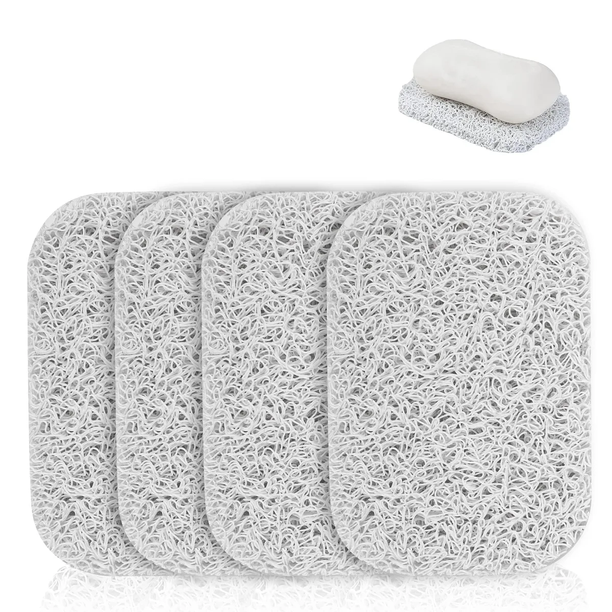 Four white rectangular PVC soap-saver pads with porous surface