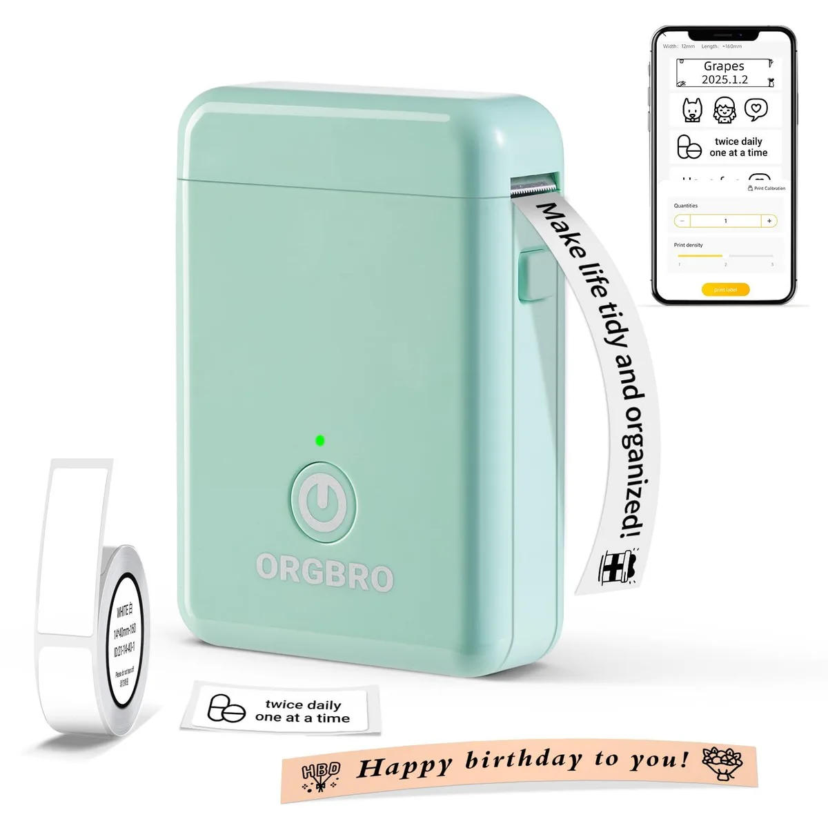 Green rectangular label printer with rounded edges and a built-in tape slot