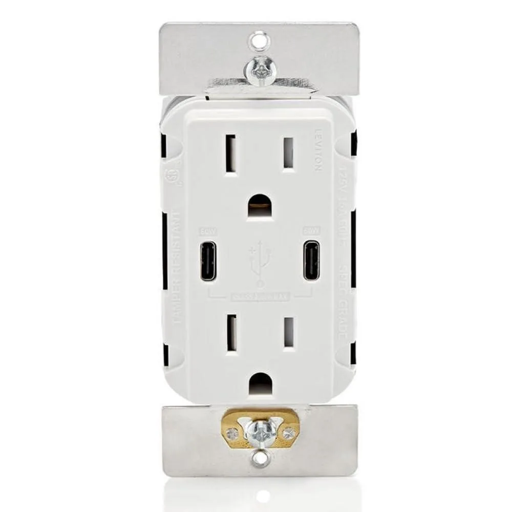  Leviton T5636-W 60W USB-C PD 15A 125V straight blade plug, White — product photo