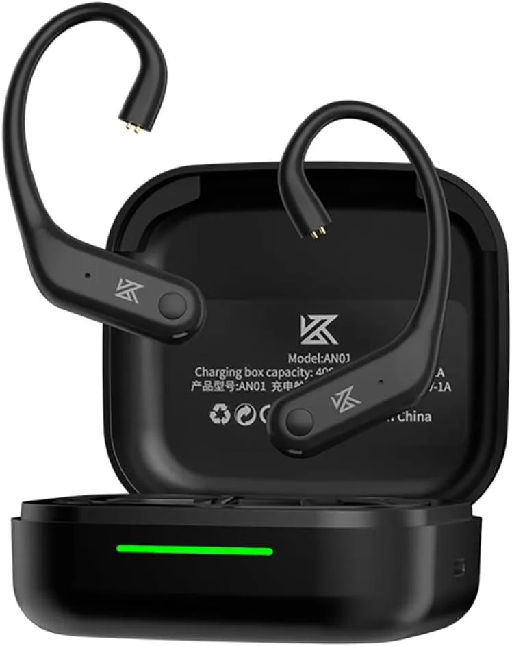 Pair of black earhook earbuds with matte finish and visible microphones