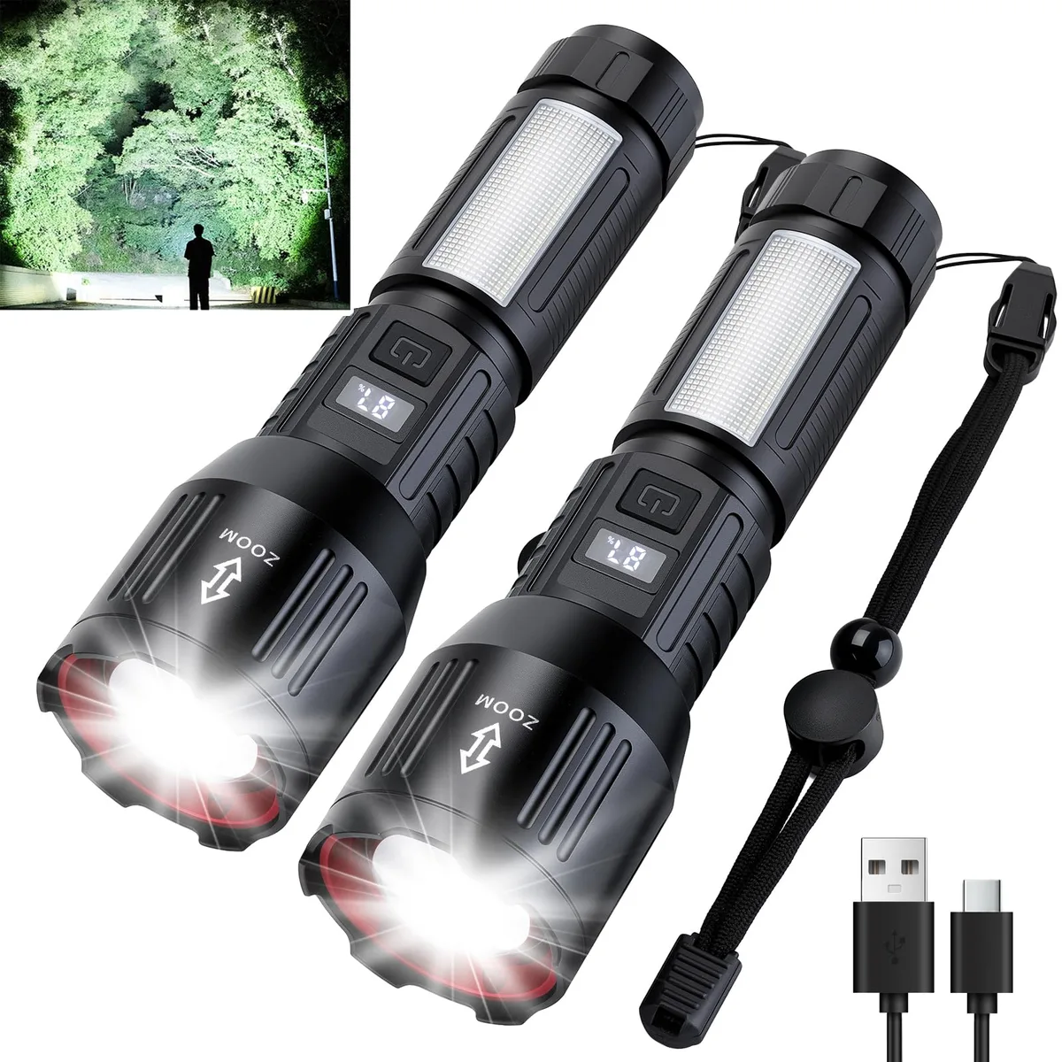 Two black cylindrical handheld flashlights with textured grips and zoomable heads