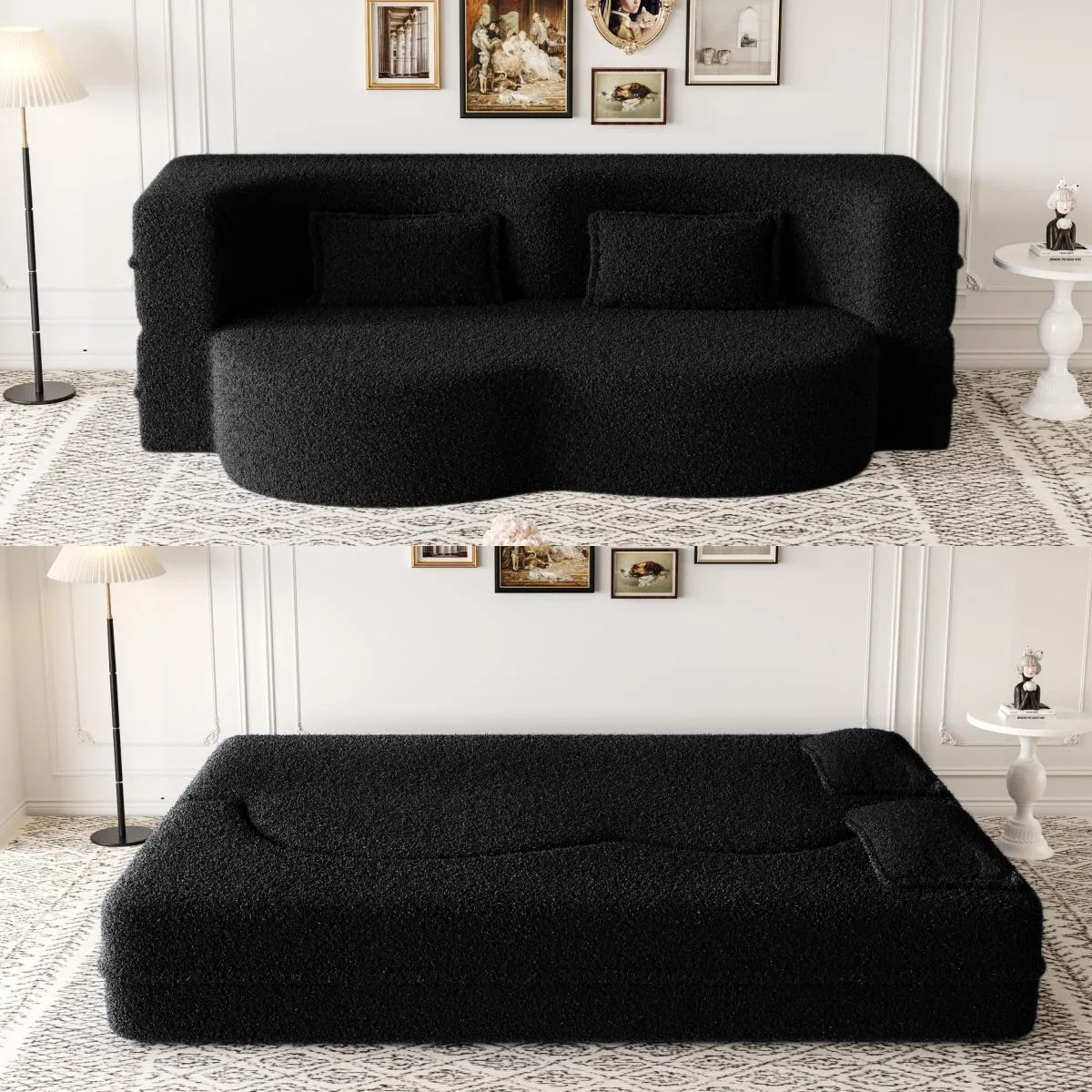 Black teddy fabric floor sofa folded flat with two matching pillows visible