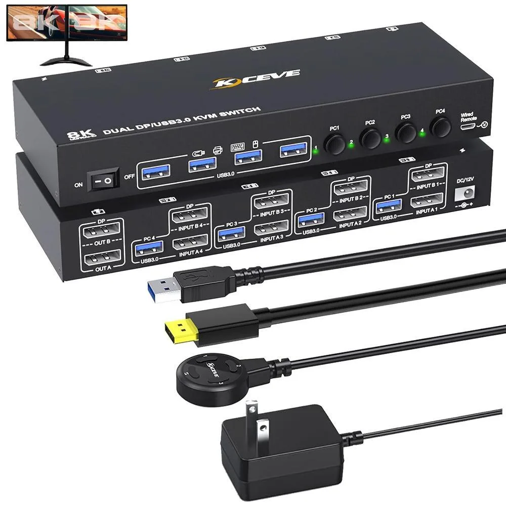 WRIARICH WRIARICH DisplayPort KVM Switch 4 PC 2 Monitors 8K@30Hz 4K@144Hz DP1.4 4 USB 3.0 Desktop Controller — product photo