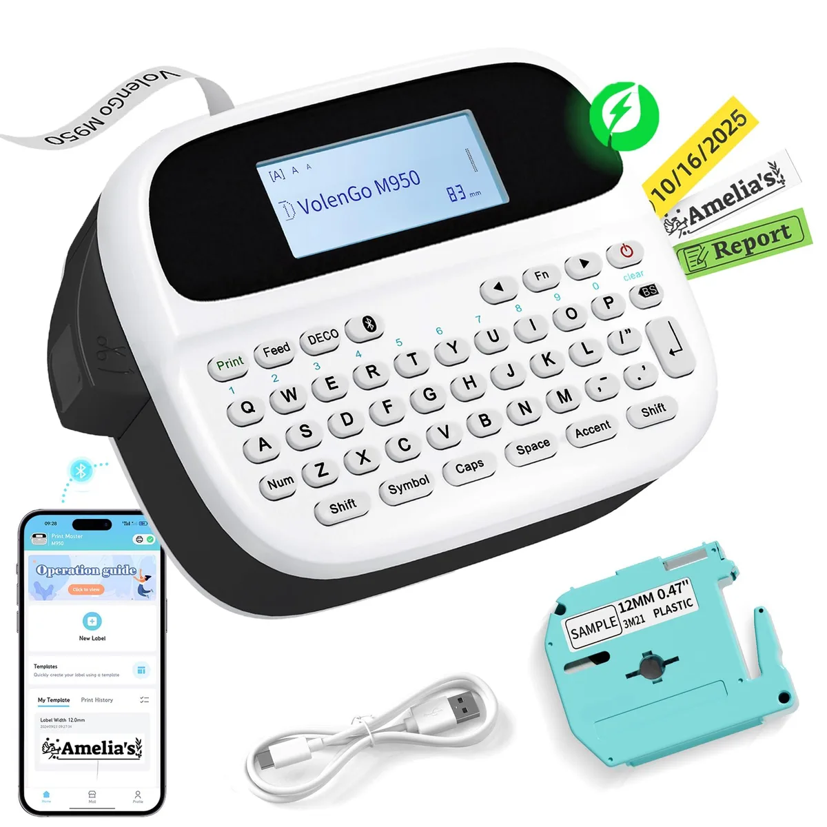 VolenGo M950-BW-B 12mm Label Maker 203 DPI 1200mAh — product photo