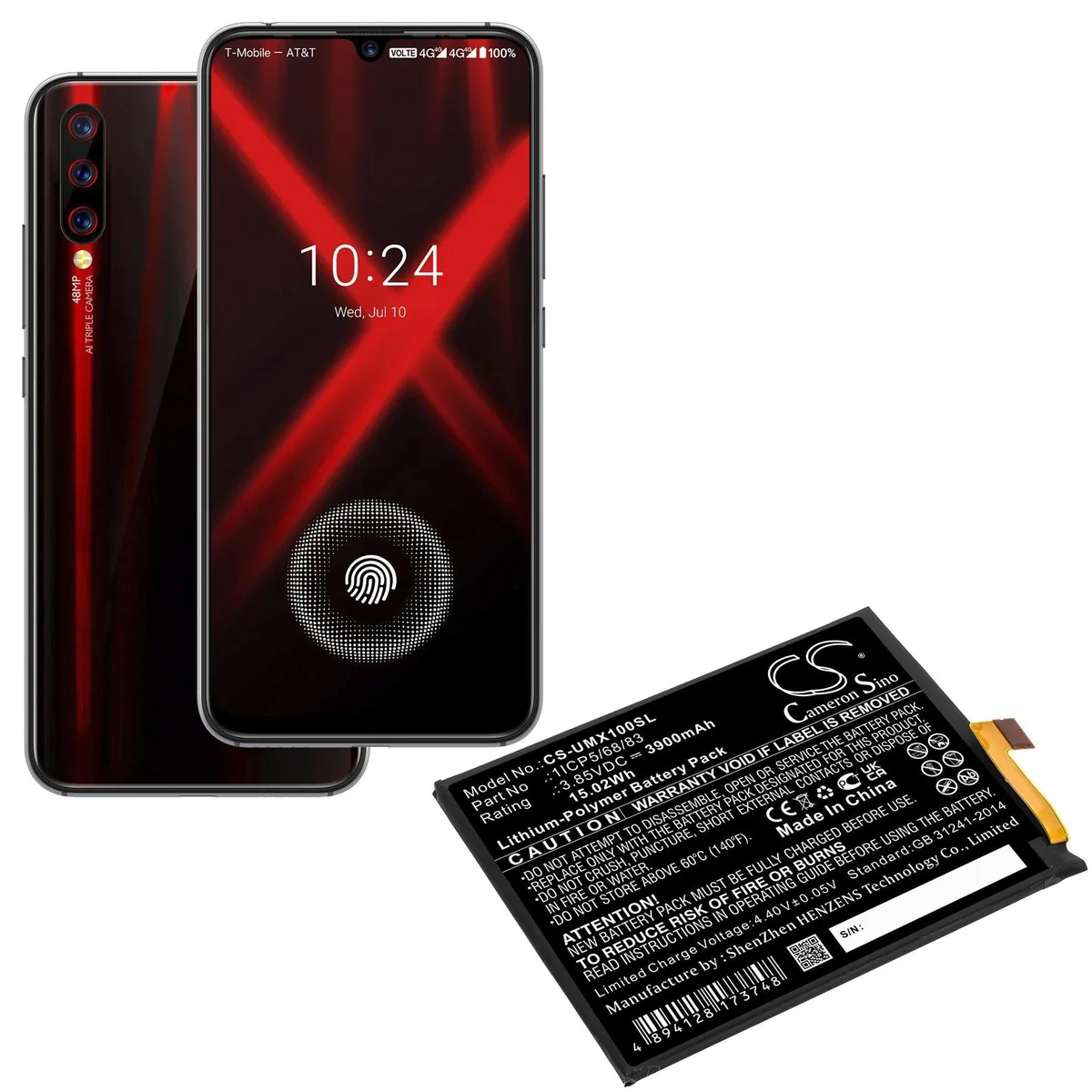 Rectangular smartphone replacement battery with gold contacts, matte finish, Cameron Sino branding