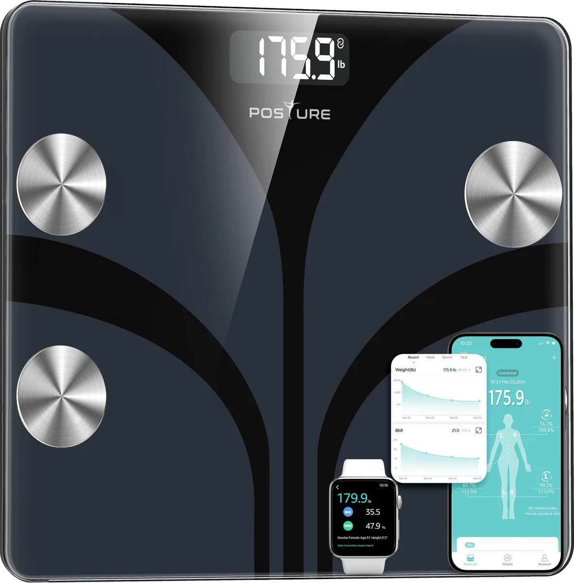 Black rectangular digital bathroom scale with LCD display and four metal sensors