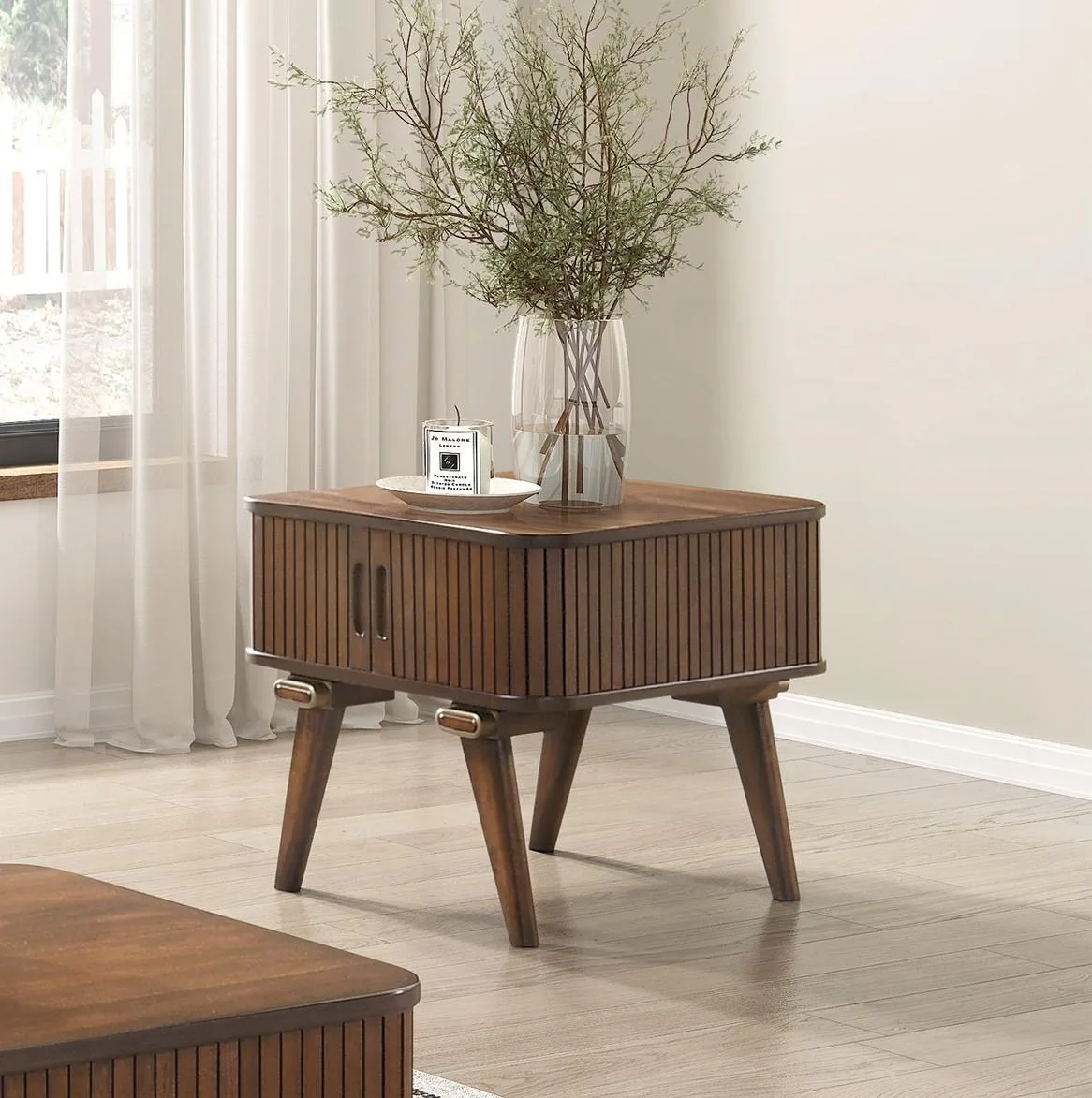 Walnut storage end table with two tambour doors and open shelf