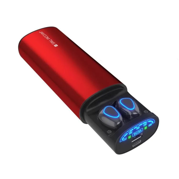 Red true wireless earbuds with matching charging case power bank