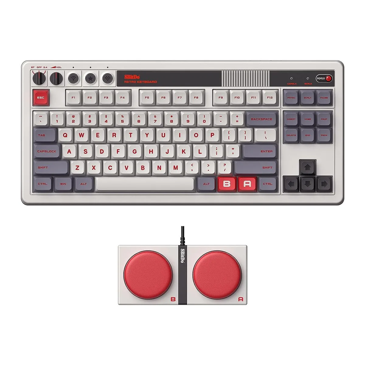 Gray 87-key mechanical keyboard with separate dual super buttons, USB cable and 2.4G adapter