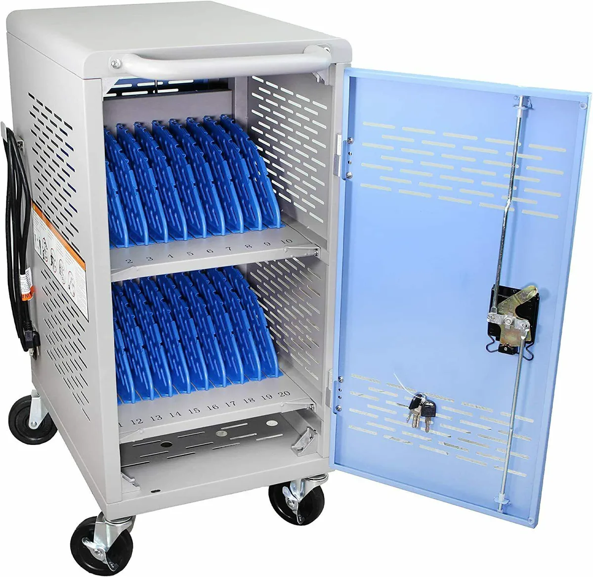 Gray metal cart on wheels with ventilated doors and side handle