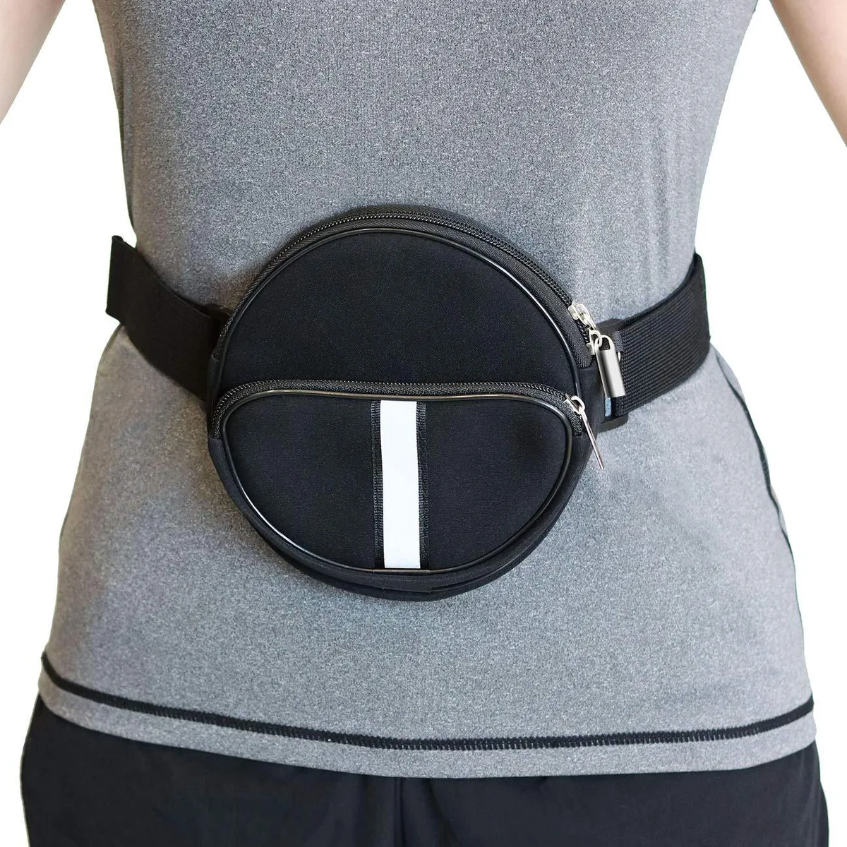 Waterproof nylon fanny pack with reflective strips, zipper pockets and adjustable strap up to 49 inches