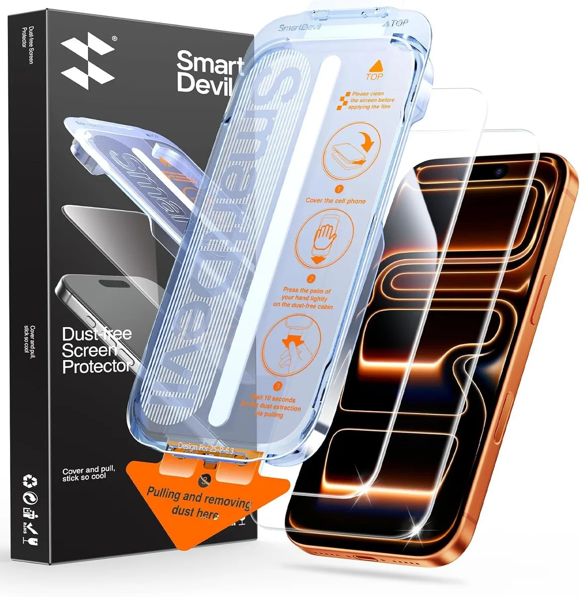 Two clear tempered-glass screen protectors in an installation frame for iPhone 17 Pro
