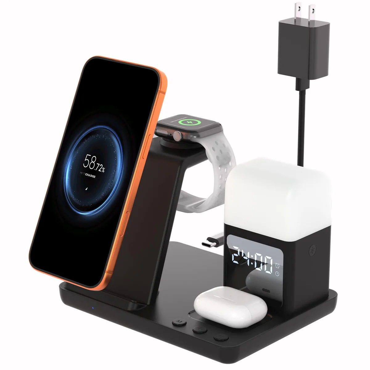 Black rectangular charging stand with phone, watch and earbud pads, digital clock display and night light glow