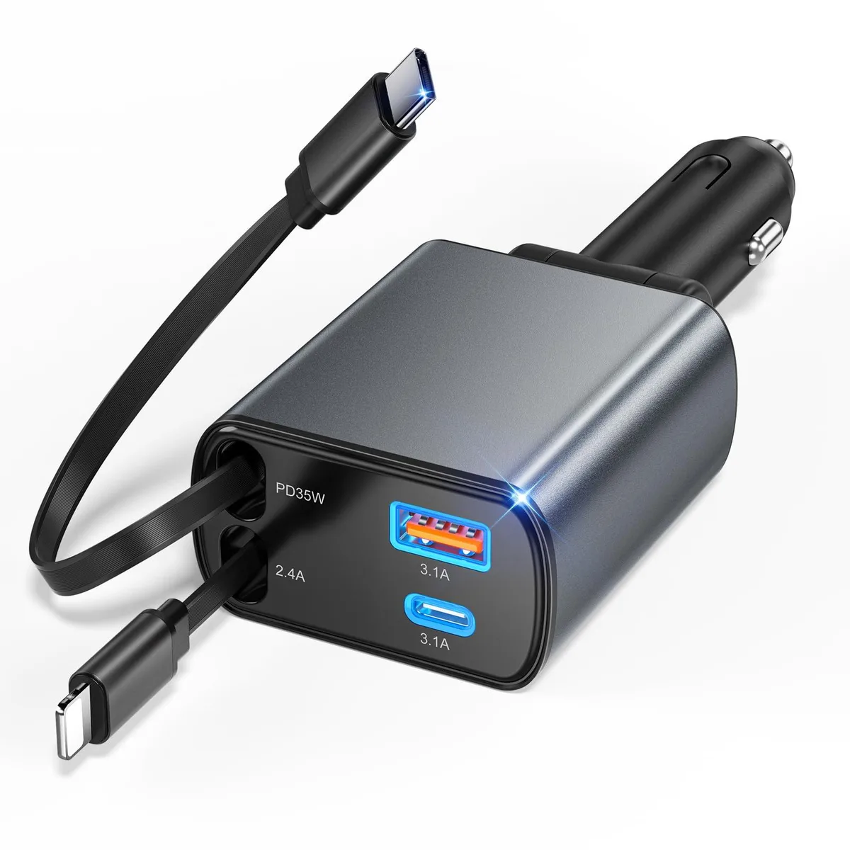 77W 4-in-1 Car Charger with Retractable Cables — product photo