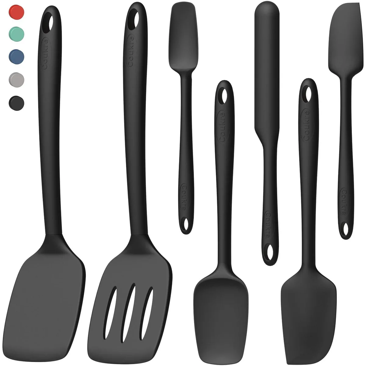 Set of seven black silicone cooking utensils with hanging holes