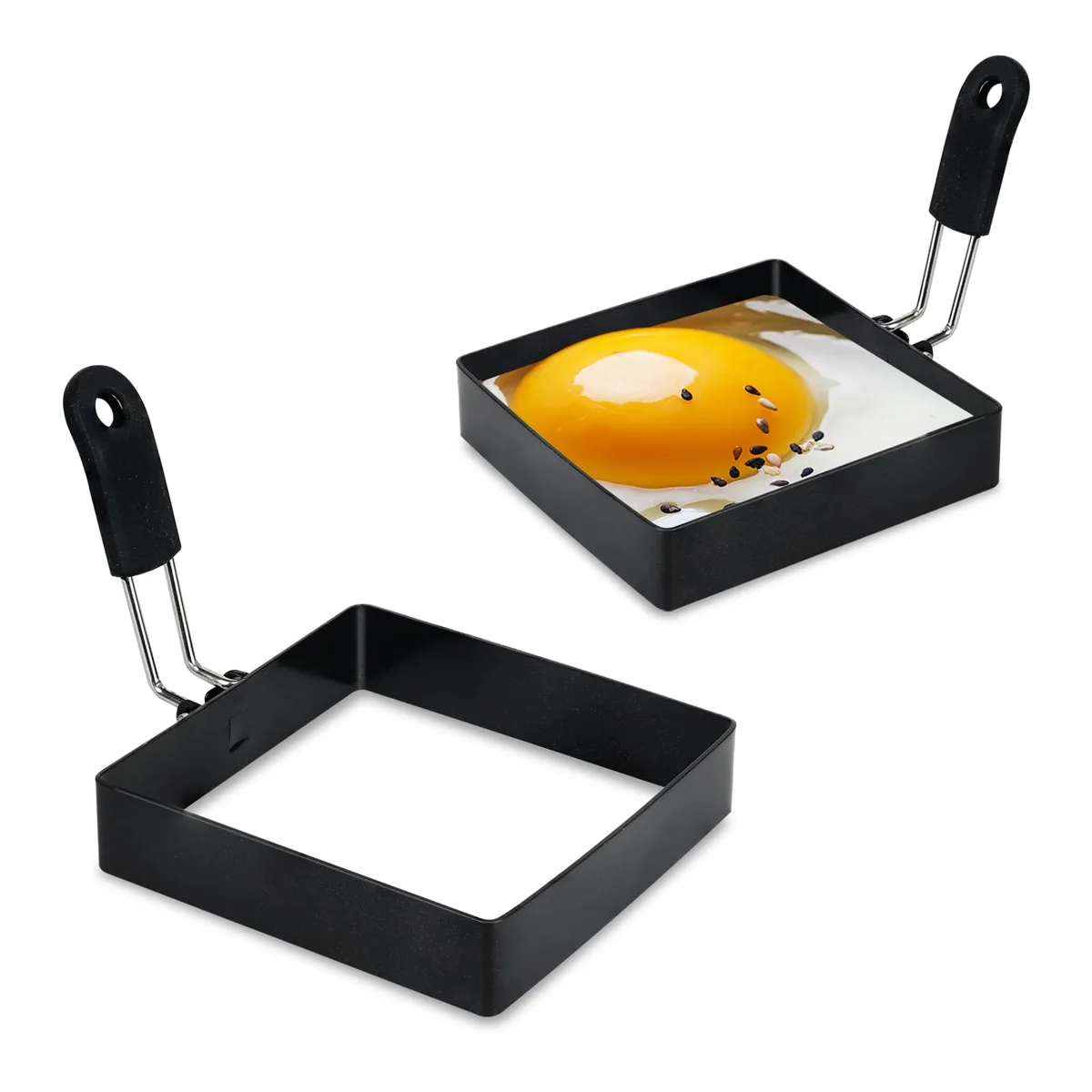 Two black square stainless-steel egg rings with silicone handles