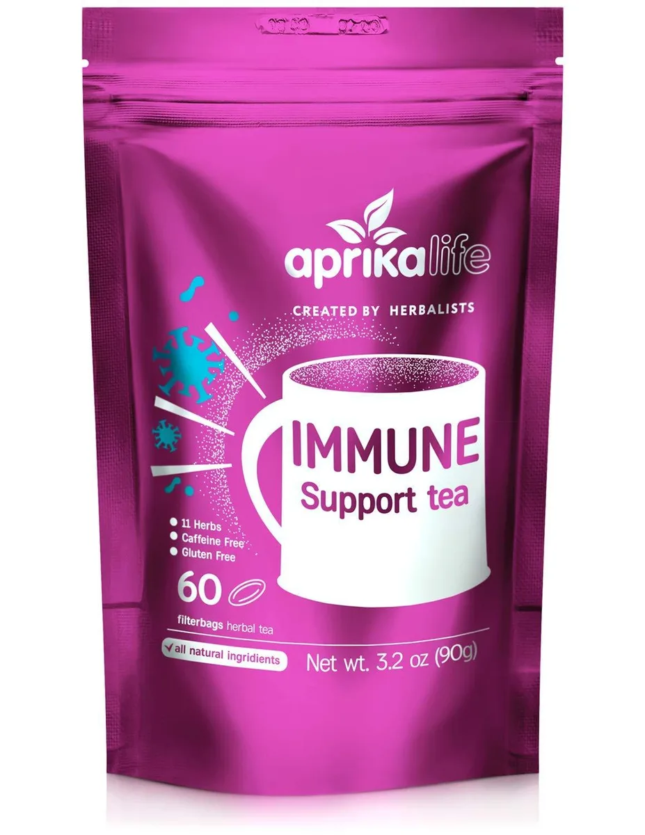 Cardboard box of Aprika Life Immune Support Tea, 60 bags