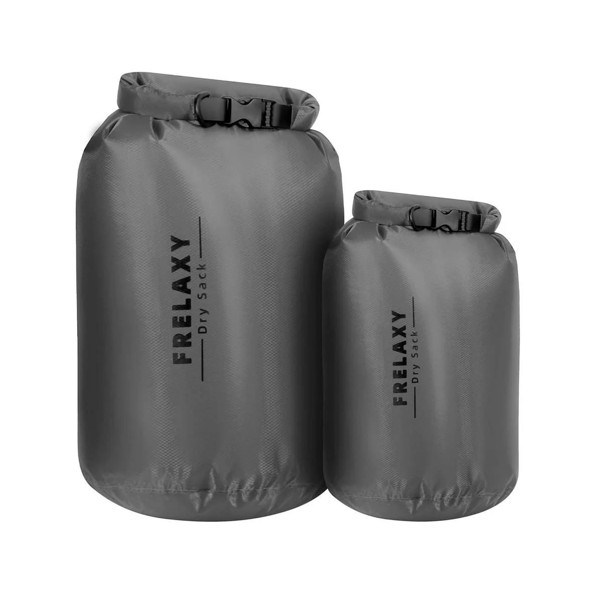 Two grey cylindrical dry bags with roll-top closures and buckles, one smaller, one larger