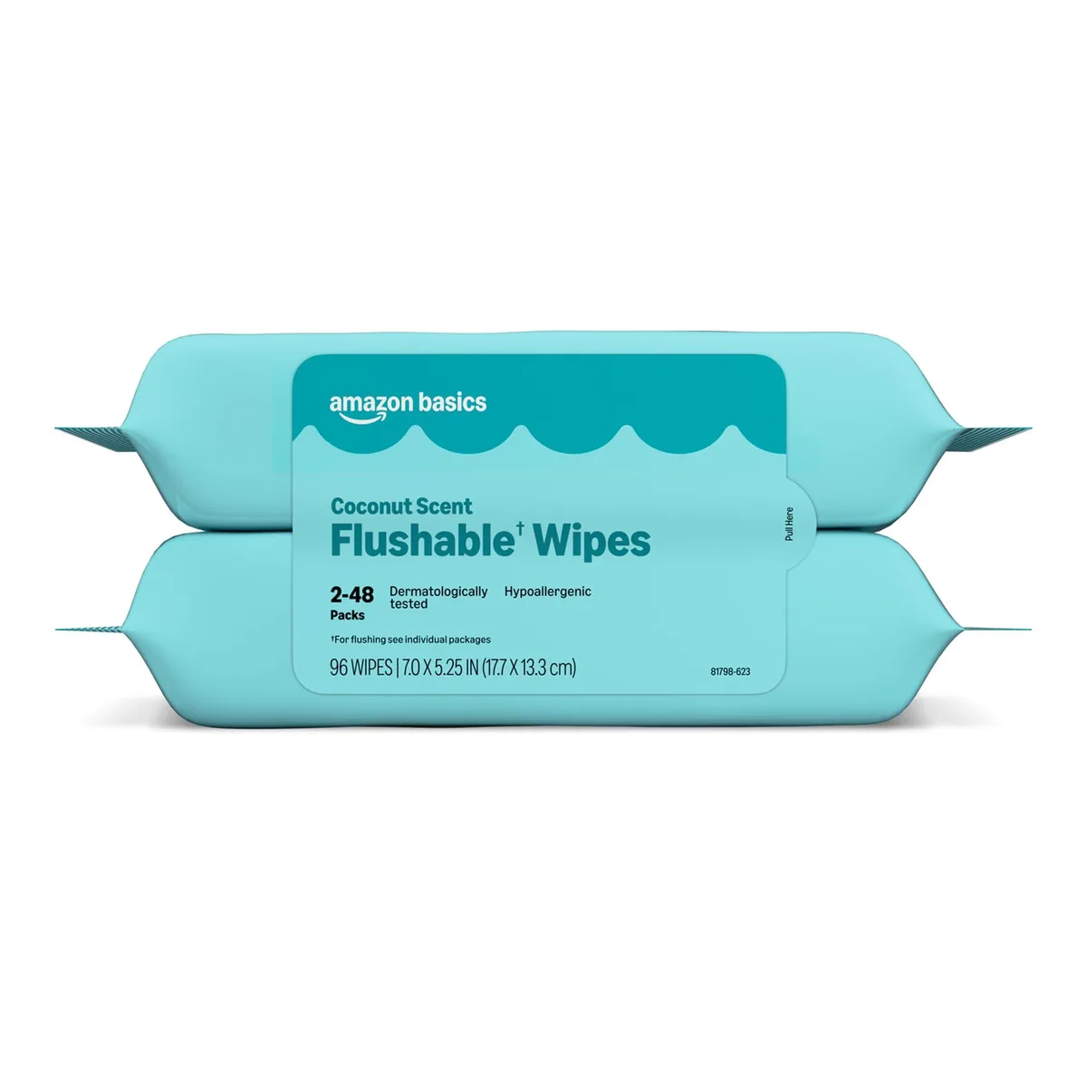 Two white resealable packs of coconut-scented flushable wipes