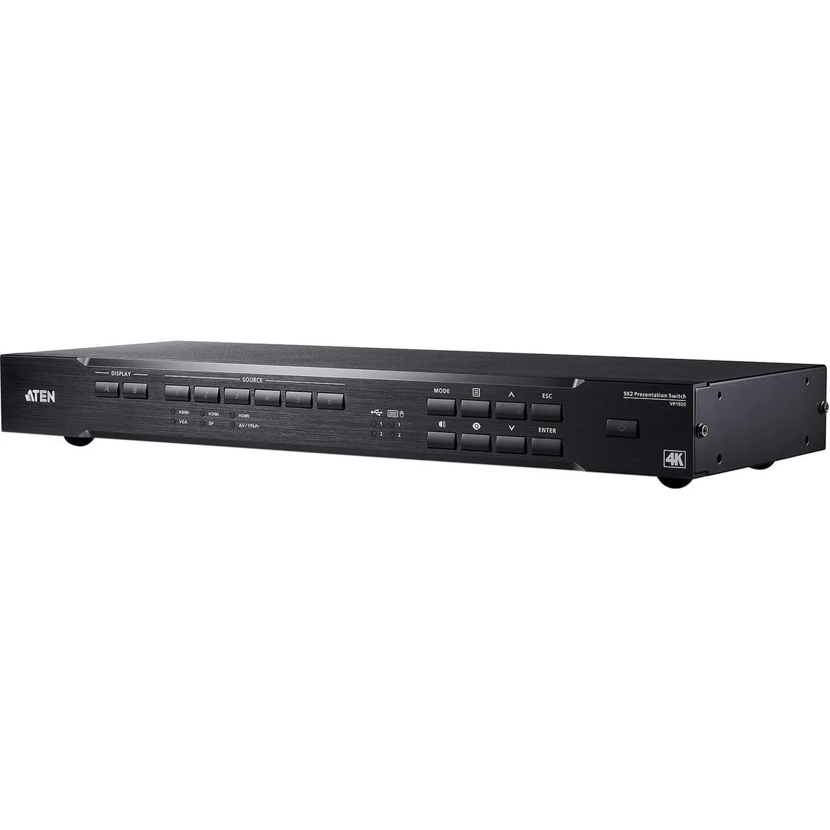 Black rectangular rack unit with front panel buttons and multiple rear ports