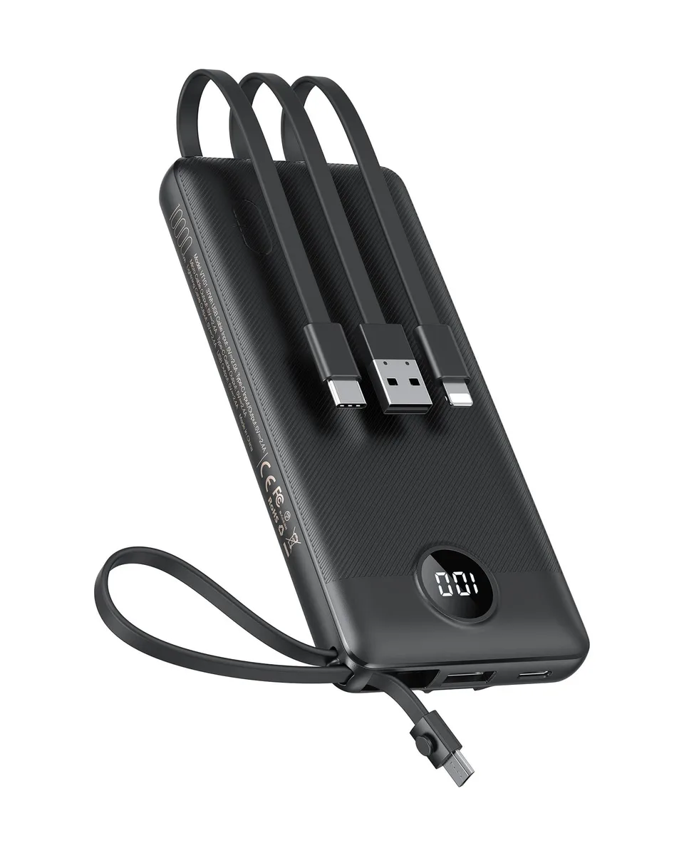  VEEKTOMX VT101 10000mAh power bank with 4 built-in cables — product photo
